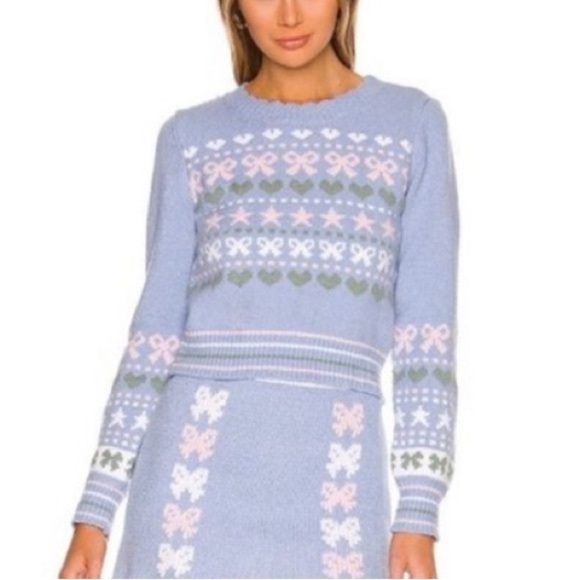 LoveShackFancy Womens Zaheer Pullover Feminine Heart Bow Sweater Pink Blue XS - Picture 9 of 11
